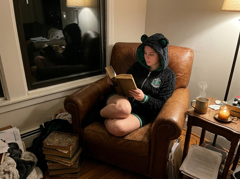 Reading in the armchair with the hood up