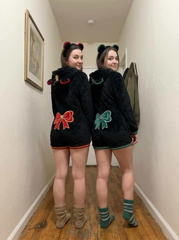 Best friends back to back showing their bows