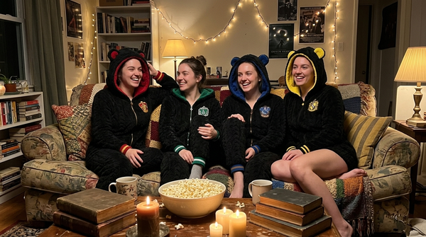 Four friends in all four house rompers on the couch
